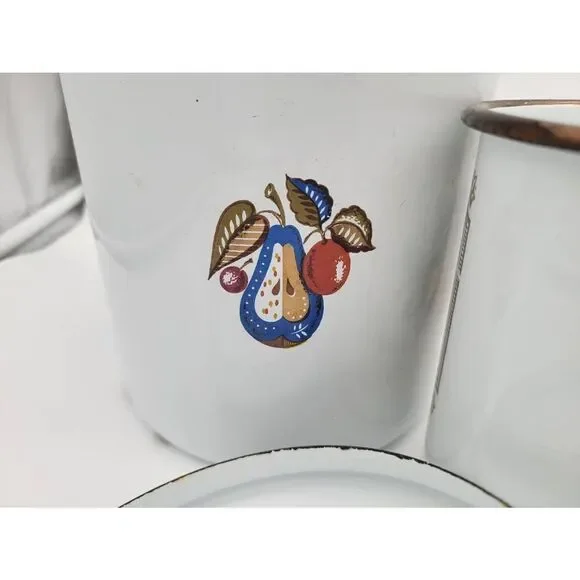 Midcentury 1960's Signed Georges Briard Fruit and Flower Enamelware Canister Set